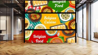 Belgian cuisine banners. Beef beer stew Carbonnade, vegetable salad with tuna and sausages, mashed potato Stoemp, fish Waterzooi and braised chicken, potato salad, baked endive with ham and cheese Wall mural