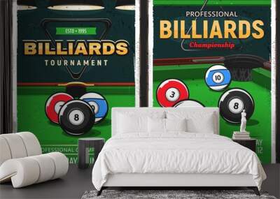 Billiards pool game, snooker championship and tournament vector retro vintage posters. Poolroom billiards and pool snooker, sport game cues, 8 eight ball and triangle rack on green table Wall mural