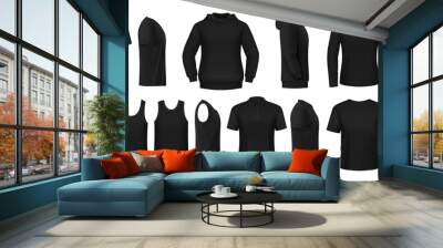 Black man shirt, hoodie and polo mockups, vector clothes, garment templates. Black shirts mock ups, sleeveless and long sleeve apparel, blank tshirt or hoody sweatshirt, men clothing casual top wear Wall mural