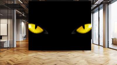 Black panther eyes background, wild cat animal face in night, vector yellow eyeballs in dark. Black panther eyes glow look in macro closeup, wildlife cheetah, puma or cheetah yellow evil eyes on black Wall mural