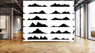 Black rock, hill and mountain silhouettes, vector landscape with rocky ranges, snow peaks and ridges. Mountain skyline nature landscape of outdoor adventure, hiking or climbing sport, camping, tourism Wall mural