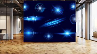 Blue light flare and flash effect. Vector star glow, shiny glare, bright twinkle or explosion effect with radiant beams. Sparkles and magic flare, glitter and fireworks isolated realistic 3d set Wall mural