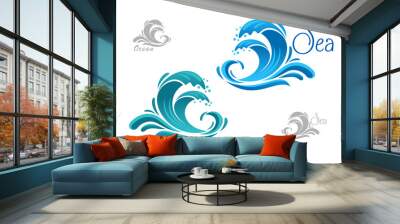 Blue sea waves icon with water splash Wall mural