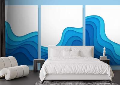 Blue water paper cut waves, sea and ocean ripple. 3d vector papercut empty banners or frames with wavy layers for environment or World Water day. Poster templates for Save the Oceans day 8th June Wall mural