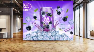 Blueberry drink can and ice cubes. Juice splash, berry ice crystals. Vector ads banner features refreshing natural flavor for hot summer days, to stay hydrated and enjoy the taste of fresh berries Wall mural