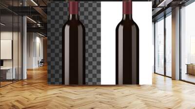 Bottle of red wine isolated on white and transparent. Vector alcohol drink in glass bottle without label, wine card. Burgundy or ruge beverage, chardonnay merlot sweet semi sweet vine, winery product Wall mural