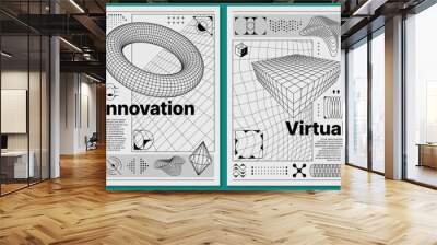 Brutalism y2k posters with retro grid and 3d abstract shapes. Vector futuristic, brutal digital innovation and biotech black and white templates with 3d wireframe pattern and three dimensional figures Wall mural