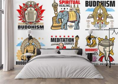 Buddhism religion icons, Buddha Purnima and meditation courses emblems. Kalachakra symbol, elephant and bell, meditating Buddha and Buddhism monk, Kila ritual knife, conch shell and two golden fishes Wall mural