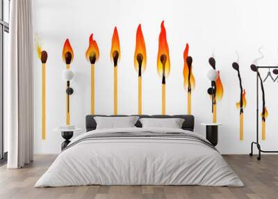 Burning match animation with fire flame burn sequence, vector cartoon wooden matchstick. Wood matches burning animated set of match stick ignite, burn and burnout smoke in sprite sheet animation Wall mural