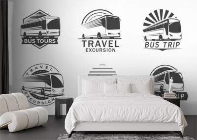 Bus travel tours and express transportation icons. Vector bus and road silhouettes, modern passenger transport isolated icons of road trip, excursion tours, tourism and public vehicle service Wall mural