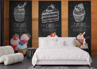 Cake, cupcake, fruit dessert menu posters design Wall mural