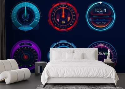 Car speedometer gauges, speed meter neon digital display dials. Isolated vector auto vehicle dashboard indicators, internet download and upload test scale, futuristic speed measurement Wall mural