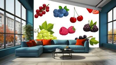 Cartoon berries vector strawberry, bunch of white grape and blackberry, raspberry, cherry, black and red currant with blueberry. Sweet juicy berries, vegan, vegetarian and raw foodist nutrition icons Wall mural