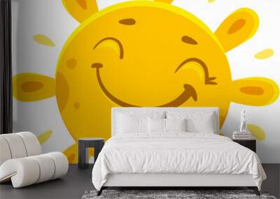 Cartoon cheerful sun character, happy sunshine vector personage of sunny summer day. Bright yellow sun emoji with cute smile and closed eyes. Sunlight, sunrise, hot weather or warm climate emoticon Wall mural