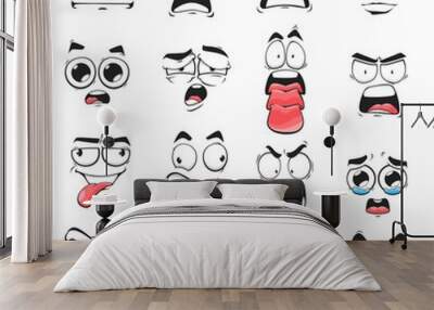 Cartoon face expression isolated vector icons, negative emoji evil, scared and shocked, gloat, grin, smirk or crazy. Facial feelings yelling, show tongue, preoccupied, crying and upset emoticons set Wall mural