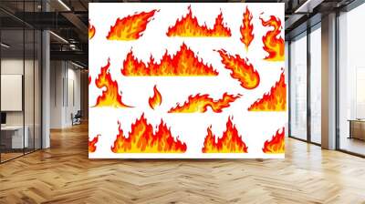 Cartoon fire flames, bonfire and burning wildfire or firewall, vector icons. Red hot flames of campfire, wildfire fireballs or burning torch heat, flammable symbols and burning firewall effects Wall mural