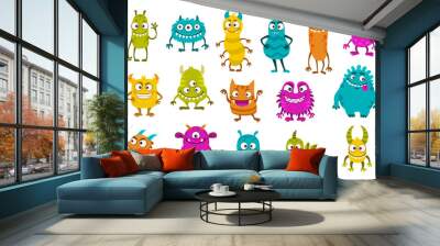 Cartoon funny monster characters. Cute comic creatures, joyful halloween personages isolated vector set. Devils, goblins, aliens kawaii smiling mutants with horns, wings, fangs, eyes, tongues, tails Wall mural