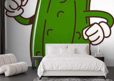 Cartoon groovy cucumber vegetable character with expressive eyes, gloves, and sneakers, confidently walking or strutting. Isolated vector playful and charming retro veg personage, healthy farm food Wall mural