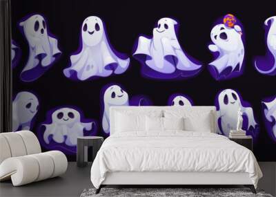 Cartoon Halloween ghost characters, scary spooky vector personages. Horror evil monsters with Helloween trick or treat candy bucket. Cute Halloween night ghosts, phantoms and spirits with lollipop Wall mural