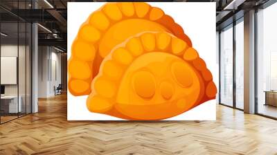 Cartoon Mexican empanadas, two golden, baked doughy empanada pockets with a crimped edge, delicious, crispy texture, filled with meat. Isolated vector traditional tex mex pastry, bakery food Wall mural