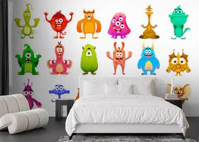 Cartoon monster characters. Cute comic mutants, funny Halloween personages isolated vector set. Joyful goblins, devils, ugly aliens, kawaii smiling creatures with horns, tentacles, fangs and eyes Wall mural