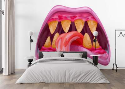 Cartoon monster jaws, mouth, teeth and tongue. Vector fantasy creature, Halloween creepy monster or ghoul maw with dirty yellow teeth, sharp fangs and forked long tongue in saliva Wall mural