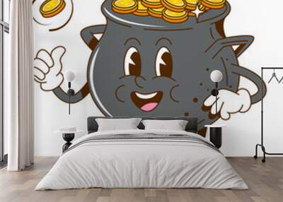 Cartoon retro groovy golden pot character with coins. Isolated vector playful cauldron personage celebrating St. Patrick Day holiday, symbolizing wealth and treasure, luck, happiness and prosperity Wall mural