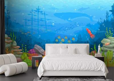 Cartoon sea underwater landscape. Marine water world background, sea animal and plants or seabed deep wildlife scene vector backdrop with sunken ship, whale, fish shoals silhouettes, squid, seaweeds Wall mural