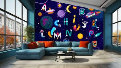 Cartoon space alphabet, vector set of fun and playful letters with colorful astronaut and alien characters, rockets, ufo and planets in sky. Typo for educational purposes and cosmic learning adventure Wall mural