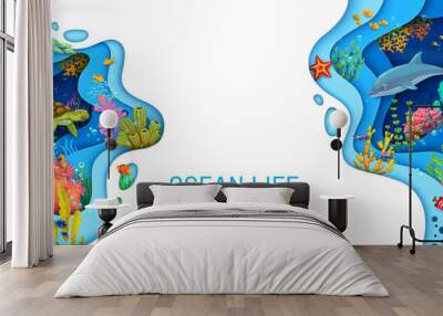 Cartoon turtle, dolphin, seaweeds and fish shoal. Paper cut sea underwater landscape. Sea nature, coral reef fauna papercut vector background or banner with ocean bottom animals, sea flora and fauna Wall mural