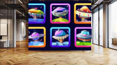 Cartoon ufo space game app icons, alien saucers Wall mural