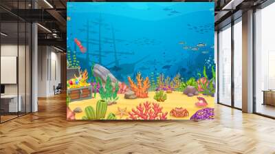 Cartoon underwater landscape with sunken frigate ship. Vector game level background with shipwreck vessel on sea bottom, treasure chest, aquatic plants, coral reef, rocks and animals. Ocean scene Wall mural