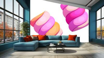 Cartoon valentine two twisted marshmallow candies in vibrant pink, purple, and orange shades. Vector sweets and confectionery dessert with a soft, swirled appearance, fluffy and delicious sweet treat Wall mural