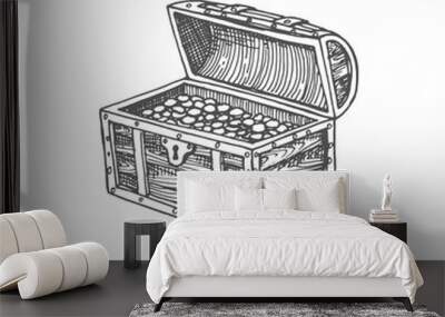 Chest with golden coins isolated monochrome sketch icon. Vector treasures of pirates, wooden crate symbol of wealth, antique open trunk with jewelry, casket with royal treasures, casket trophy Wall mural