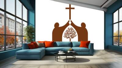 Christianity religion vector icon spirituals holding cross above tree. Christian catholic Holy symbol with crucifix and plant in arched aperture isolated on white background Wall mural