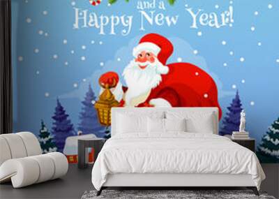 Christmas and New Year greeting card with Santa Wall mural