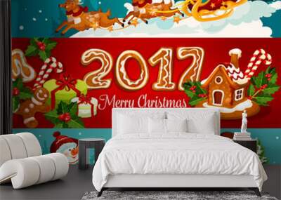 Christmas banner set with gift, Santa and snowman Wall mural