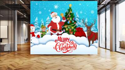 Christmas paper cut, cartoon characters at holiday pine tree, Santa and reindeer, vector background. Merry Christmas paper cut greeting card for winter holidays, Xmas tree, snowman and elf with gifts Wall mural