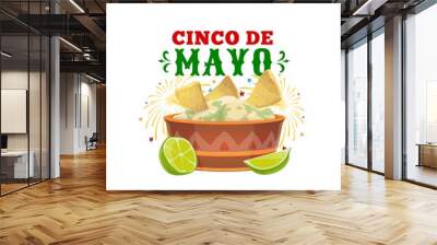 Cinco de Mayo holiday vector design, Mexican guacamole, nachos and lime. Festive food of Mexico fiesta party, avocado dip in bowl with corn chips and fireworks, Cinco de Mayo greeting card design Wall mural