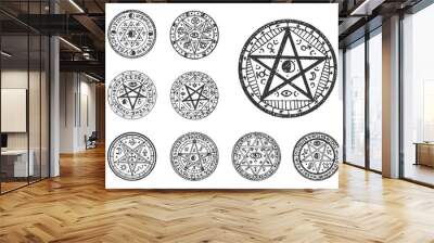 Circle magic pentagram sketch, old occult seal Wall mural