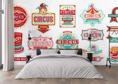 Circus carnival signs and signboards, fair show welcome banners, vector direction pointers. Circus funfair carnival ticket booth poster with finger arrow signboard to lions or tigers magic show Wall mural