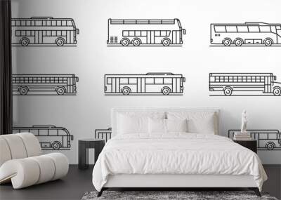 City, travel and school bus line icons. Passenger transportation, urban transport outline vector symbols or thin line pictograms with contemporary school, doubledecker and articulated buses Wall mural