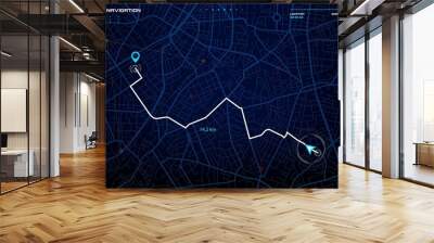 City map navigation interface. GPS navigator vector screen, street roads and location background. City map screen interface with road destination pin, compass and traffic route direction arrows Wall mural