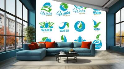 Clean water icons with blue drops and green leaf Wall mural