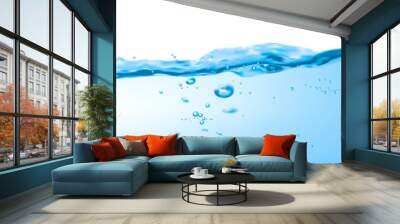 Clean water wave surface with ripple and air bubbles, pure aqua vector background. Blue transparent fresh liquid water wave or drink with drops splash and realistic air bubbles, ocean or sea Wall mural