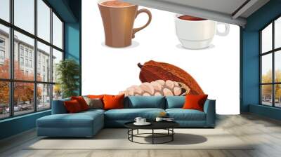 Cocoa beans, cacao, hot chocolate or coffee cartoon vector of food and drink. Fruit of cocoa tree with raw seeds and pod, cup and mug of hot beverages with milk and sugar Wall mural