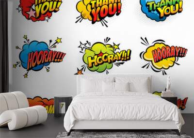 Comic retro exclamations and greeting speech clouds. Thank you, hooray and welcome pop art explosion bubbles. Comics blast clouds, icons or vintage stickers with exclamations and expressions Wall mural