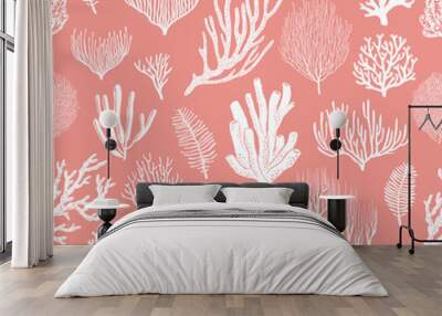 Corals and algae vector seamless pattern on pink background. Sea coral reef polyps and seaweeds, tropical ocean underwater wildlife and marine flora backdrop of textile or wallpaper design Wall mural