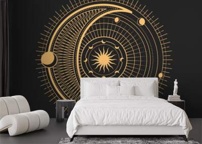 Crescent and moon esoteric occult symbols, magic tarot or astronomy sign. Moon phases and solar with radiant rays in circle. Vector spiritual magical emblem, isolated alchemy, wicca or pagan amulet Wall mural