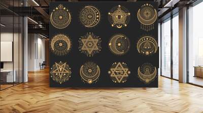 Crescent and moon esoteric occult symbols, tarot magic icons. Star of David, ankh and Eye of Horus occult emblems. Religion ancient signs, providence eye, magic tattoo or witchcraft sacred symbols Wall mural